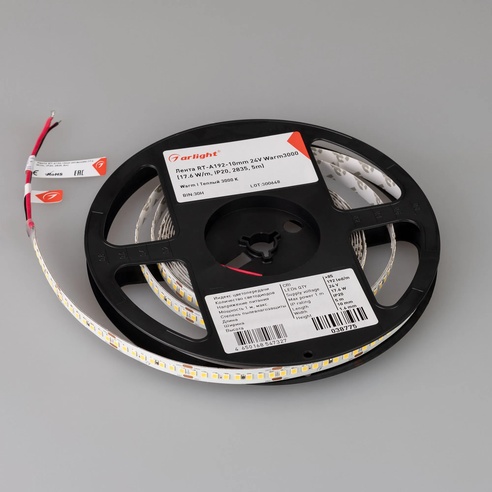 Лента светодиодная RT-A192-10mm 24V Warm3000 (17.6 W/m, IP20, 2835, 5m) (Arlight, высок.эфф.150 лм/Вт)