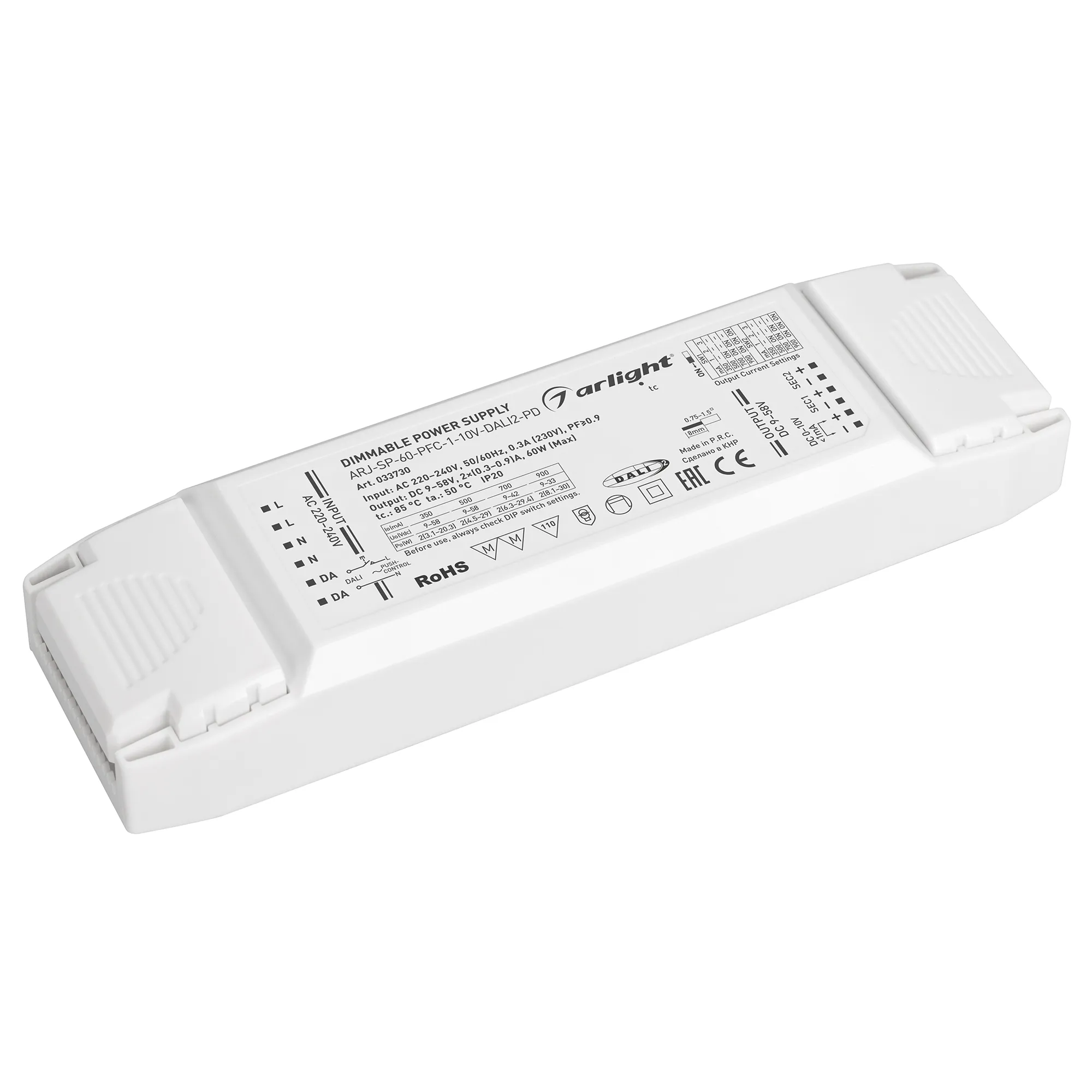 Блок питания ARJ-SP-60-PFC-1-10V-DALI2-PD (60W, 9-58V, 2x0.3-0.9A) (Arlight, IP20 Пластик, 5 лет) - изображение товара