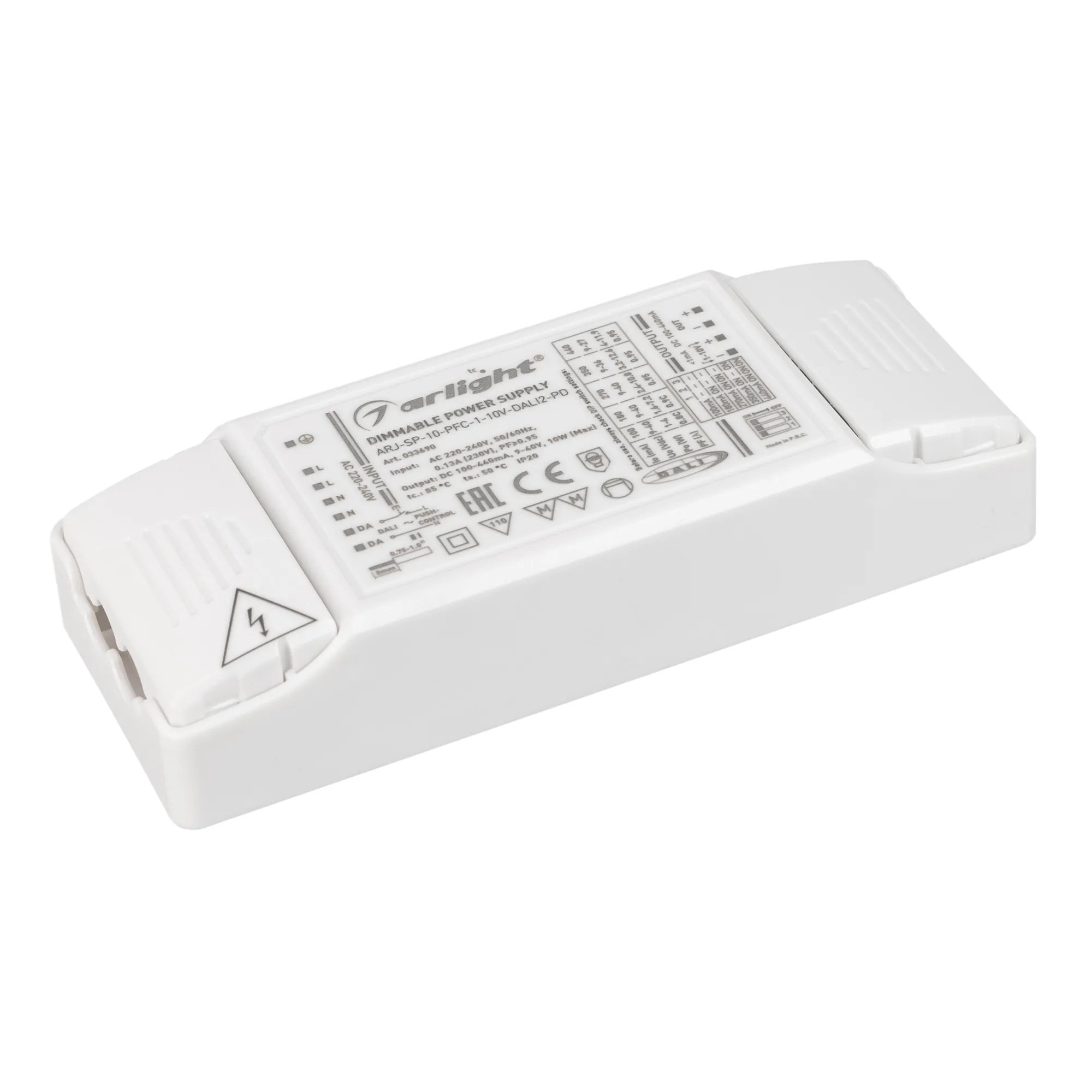 Блок питания ARJ-SP-10-PFC-1-10V-DALI2-PD (10W, 100-440mA) (Arlight, IP20 Пластик, 5 лет) - изображение товара