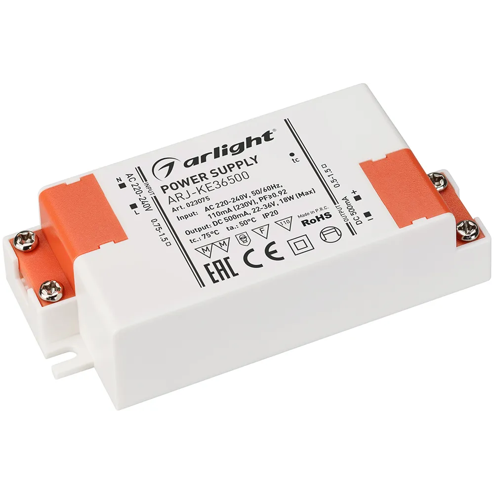 Блок питания ARJ-KE36500 (18W, 500mA, PFC) (Arlight, IP20 Пластик, 5 лет) - изображение товара
