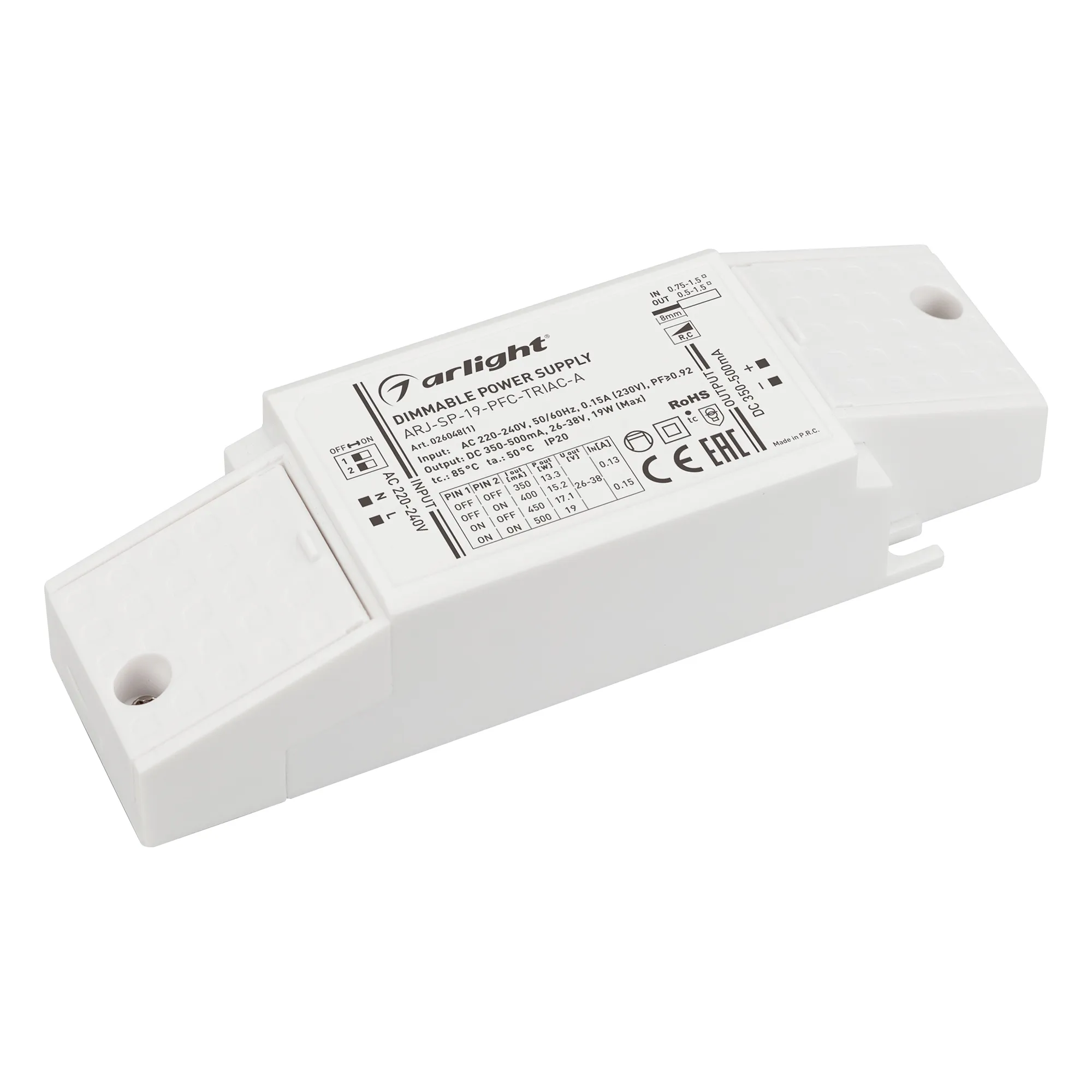 Блок питания ARJ-SP-19-PFC-TRIAC-INS (19W, 26-38V, 0.35-0.5A) (Arlight, IP20 Пластик, 5 лет) - изображение товара