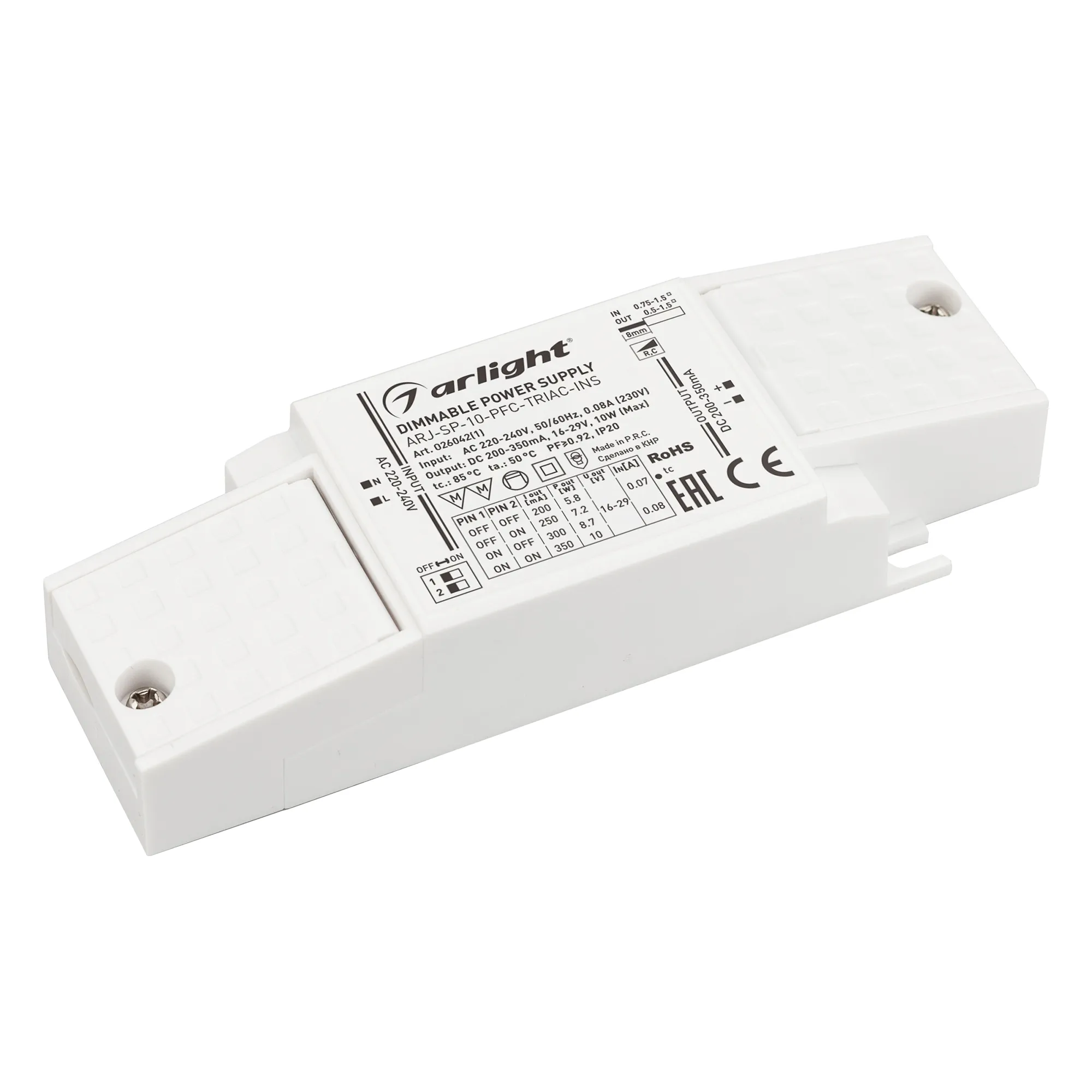 Блок питания ARJ-SP-10-PFC-TRIAC-INS (10W, 16-29V, 0.2-0.35A) (Arlight, IP20 Пластик, 5 лет) - изображение товара