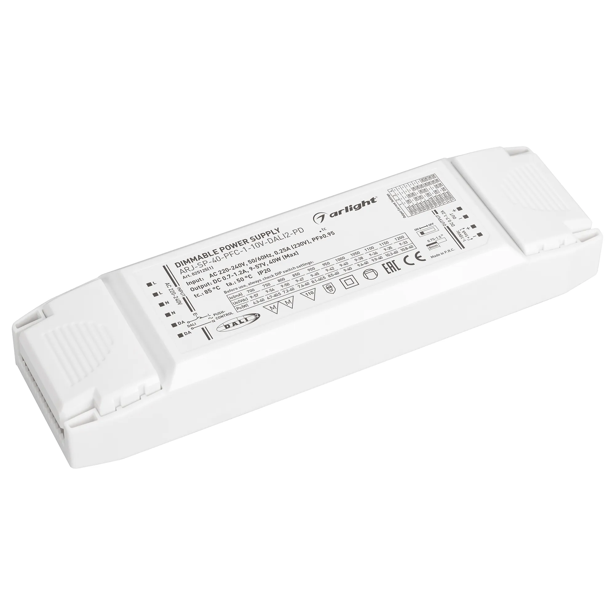 Блок питания ARJ-SP-40-PFC-1-10V-DALI2-PD (40W, 700-1200mA) (Arlight, IP20 Пластик, 5 лет) - изображение товара