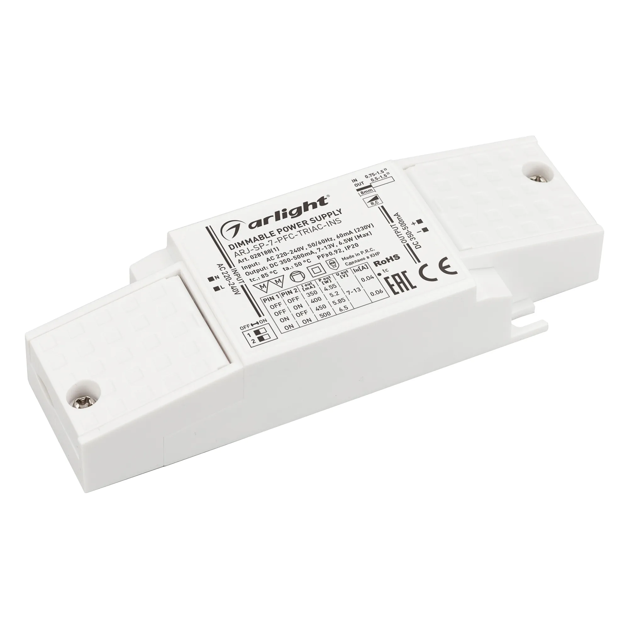 Блок питания ARJ-SP-7-PFC-TRIAC-INS (7W, 7-13V, 0.35-0.5A) (Arlight, IP20 Пластик, 5 лет) - изображение товара