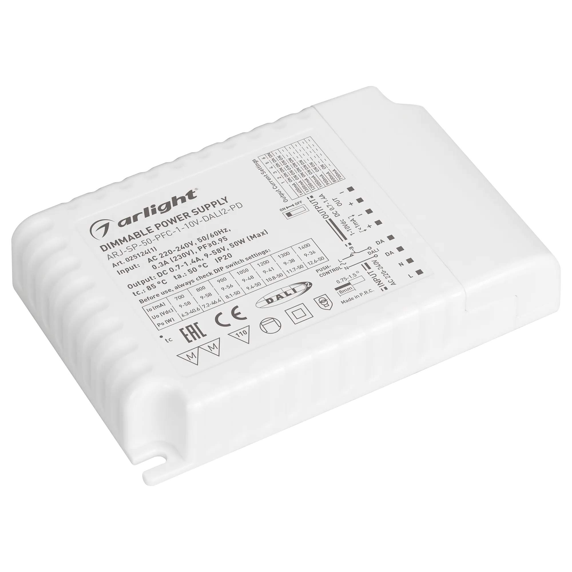 Блок питания ARJ-SP-50-PFC-1-10V-DALI2-PD (50W, 700-1400mA) (Arlight, IP20 Пластик, 5 лет) - изображение товара