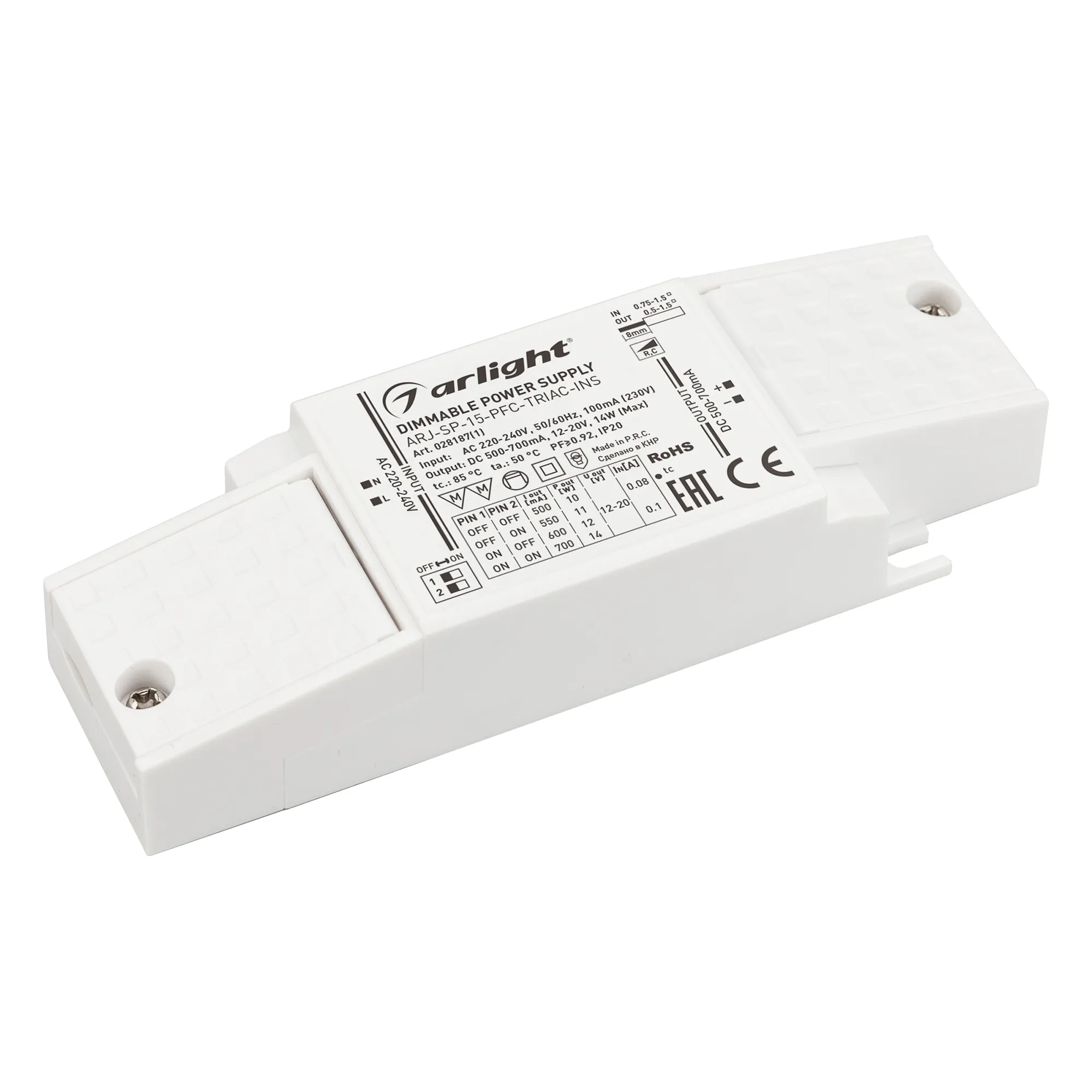 Блок питания ARJ-SP-15-PFC-TRIAC-INS (14W, 12-20V, 0.5-0.7A) (Arlight, IP20 Пластик, 5 лет) - изображение товара