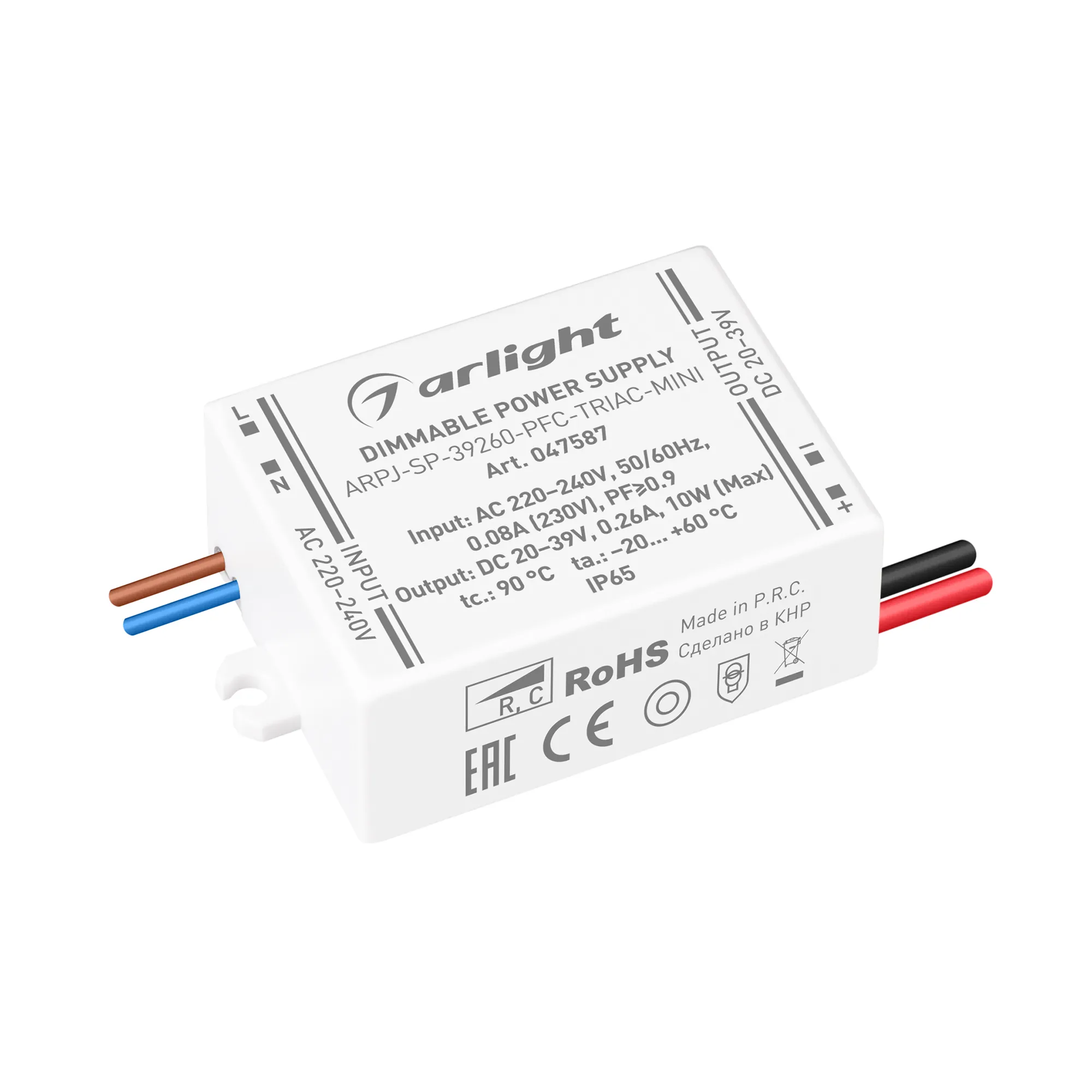 Блок питания ARPJ-SP-39260-PFC-TRIAC-MINI (10W, 20-39V, 260mA) (Arlight, IP65 Пластик, 5 лет) - изображение товара