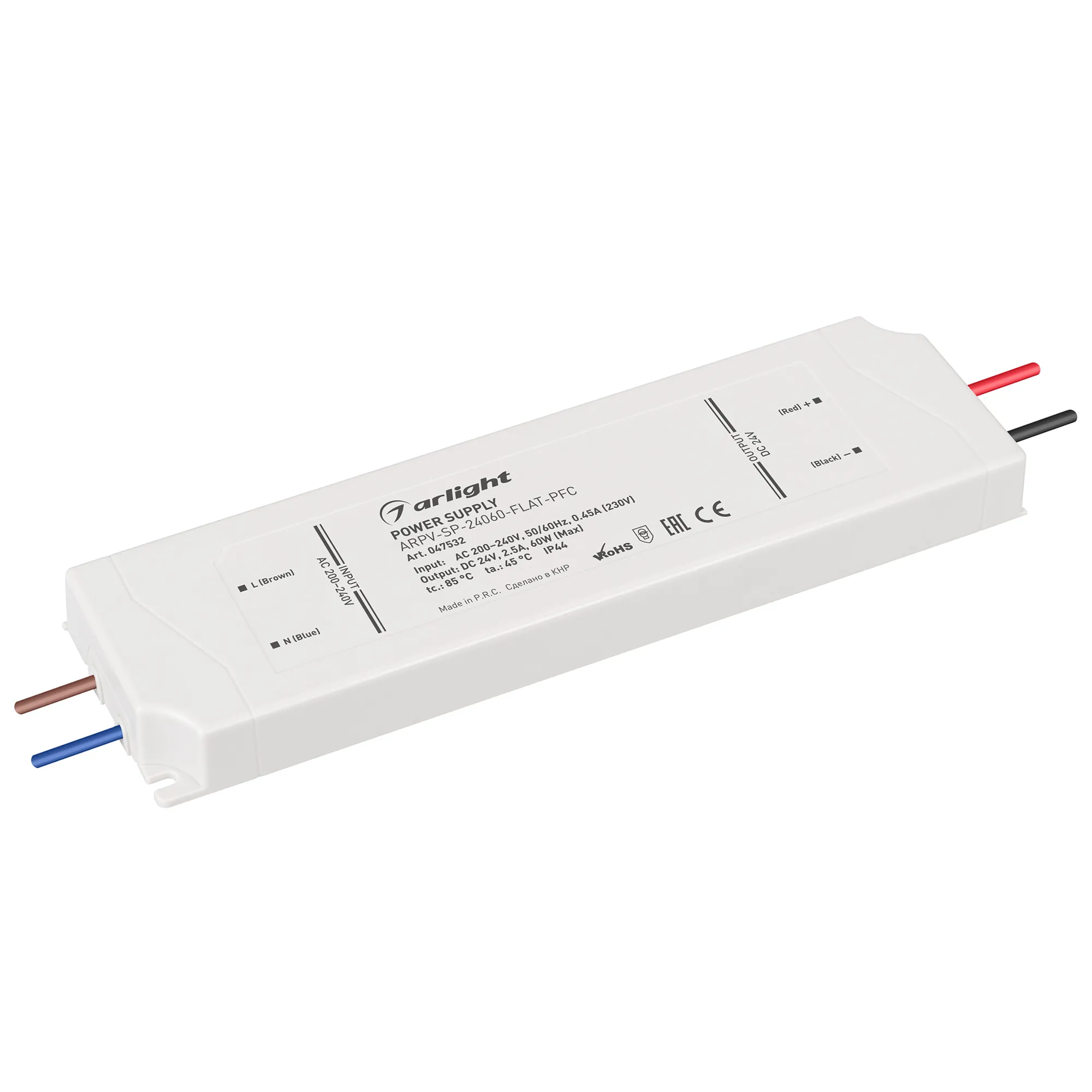 Блок питания ARPV-SP-24060-FLAT-PFC (24V, 2.5A, 60W) (Arlight, IP44 Пластик, 5 лет) - изображение товара