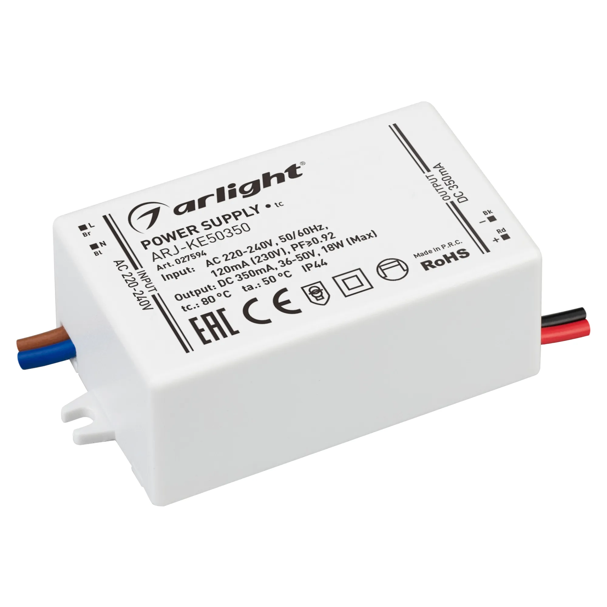 Блок питания ARJ-KE50350 (18W, 350mA, PFC) (Arlight, IP44 Пластик, 5 лет) - изображение товара
