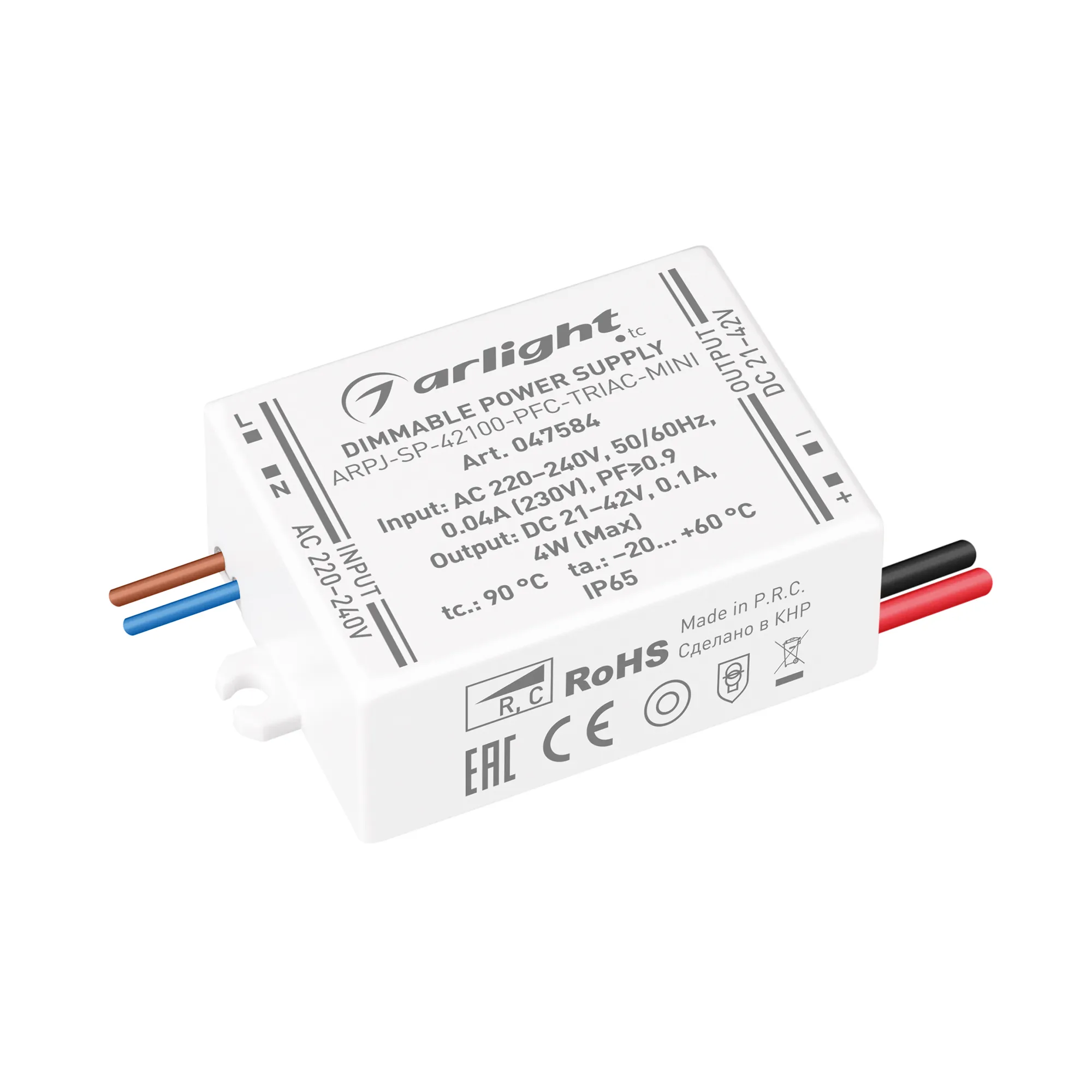 Блок питания ARPJ-SP-42100-PFC-TRIAC-MINI (4W, 21-42V, 100mA) (Arlight, IP65 Пластик, 5 лет) - изображение товара